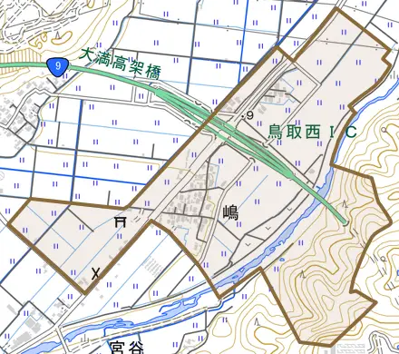 嶋とその周辺の地図。町の範囲を重ねている