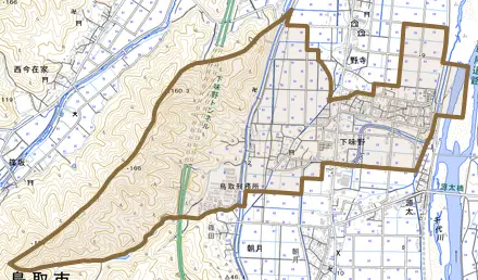下味野とその周辺の地図。町の範囲を重ねている