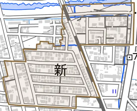 新とその周辺の地図。町の範囲を重ねている