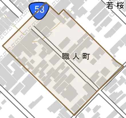 職人町とその周辺の地図。町の範囲を重ねている