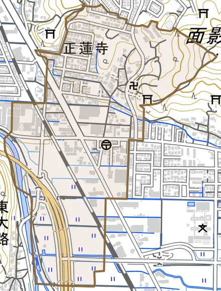 正蓮寺とその周辺の地図。町の範囲を重ねている