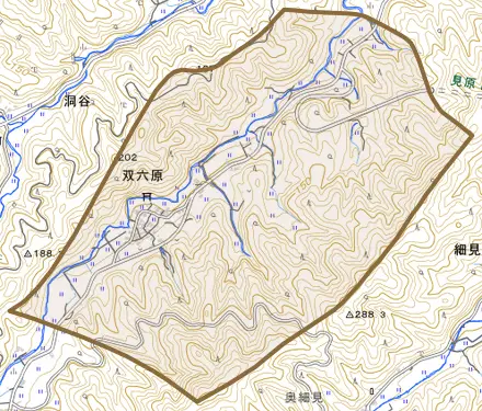 双六原とその周辺の地図。町の範囲を重ねている