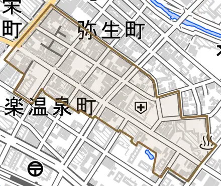 末広温泉町とその周辺の地図。町の範囲を重ねている
