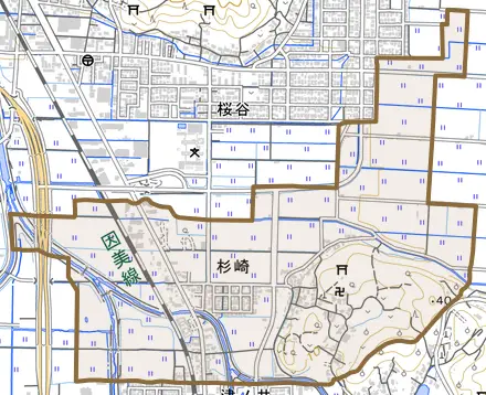 杉崎とその周辺の地図。町の範囲を重ねている