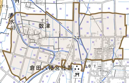 数津とその周辺の地図。町の範囲を重ねている