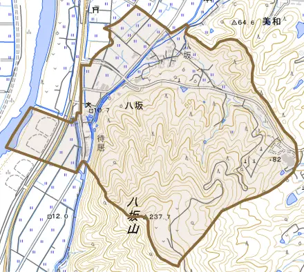 八坂とその周辺の地図。町の範囲を重ねている