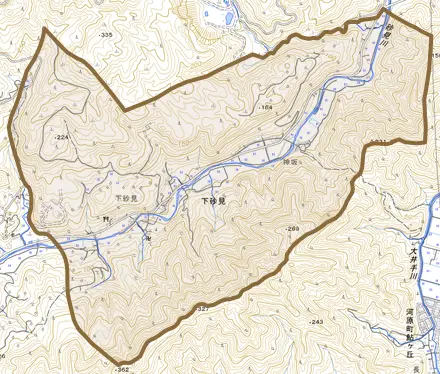 下砂見とその周辺の地図。町の範囲を重ねている
