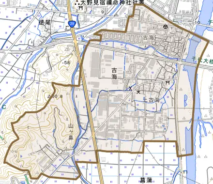 古海とその周辺の地図。町の範囲を重ねている