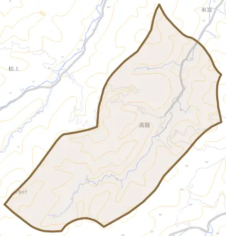 高路とその周辺の地図。町の範囲を重ねている