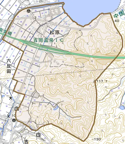 松原とその周辺の地図。町の範囲を重ねている