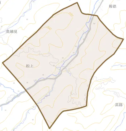 松上とその周辺の地図。町の範囲を重ねている