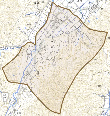 上原とその周辺の地図。町の範囲を重ねている