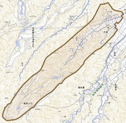 大畑とその周辺の地図。町の範囲を重ねている