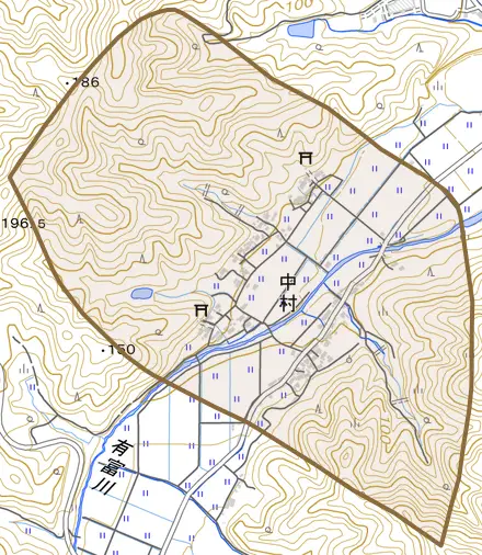 中村とその周辺の地図。町の範囲を重ねている