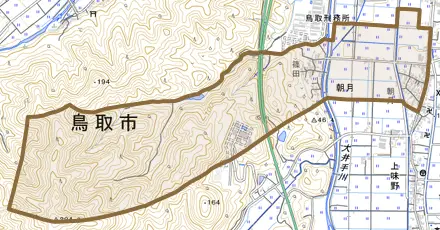 朝月とその周辺の地図。町の範囲を重ねている