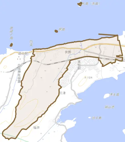 伏野とその周辺の地図。町の範囲を重ねている