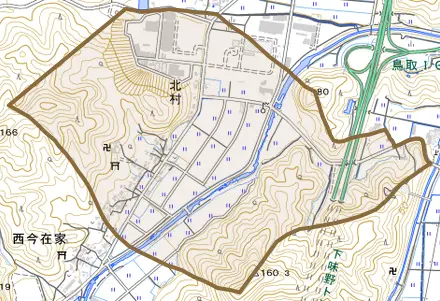 北村とその周辺の地図。町の範囲を重ねている
