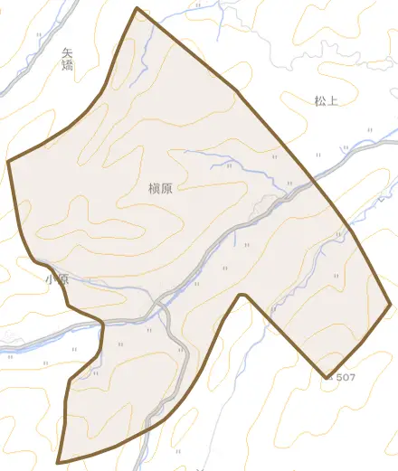 槇原とその周辺の地図。町の範囲を重ねている