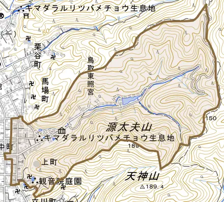 上町とその周辺の地図。町の範囲を重ねている