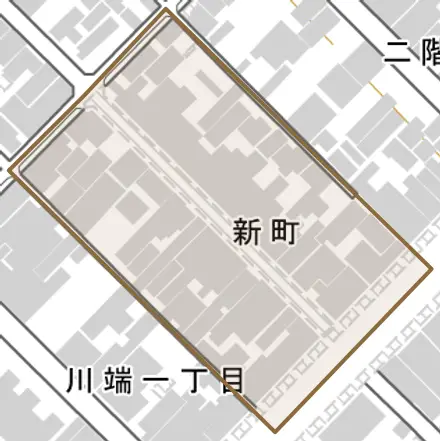 新町とその周辺の地図。町の範囲を重ねている