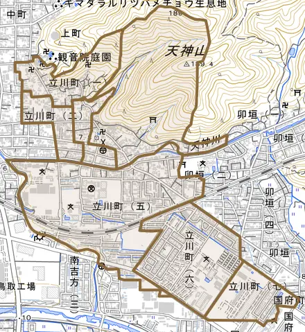 立川町とその周辺の地図。町の範囲を重ねている