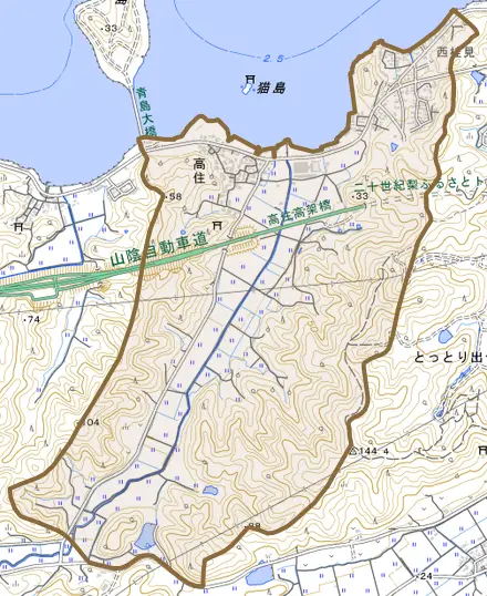高住とその周辺の地図。町の範囲を重ねている