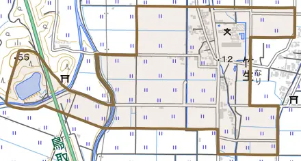 竹生とその周辺の地図。町の範囲を重ねている