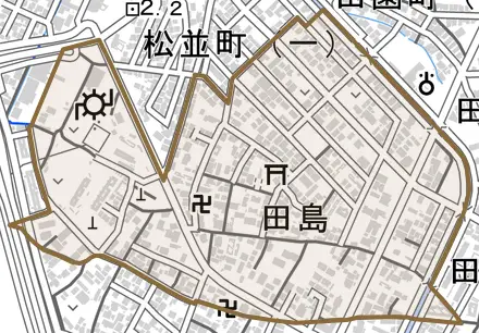 田島とその周辺の地図。町の範囲を重ねている