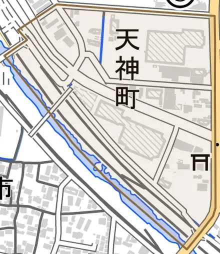 天神町とその周辺の地図。町の範囲を重ねている