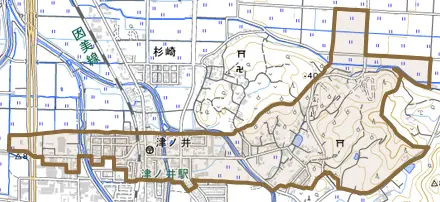 津ノ井とその周辺の地図。町の範囲を重ねている