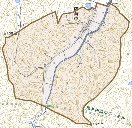 内海中とその周辺の地図。町の範囲を重ねている
