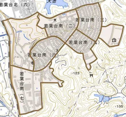 若葉台南とその周辺の地図。町の範囲を重ねている