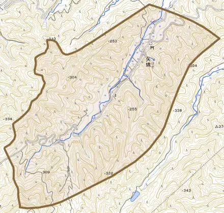 矢矯とその周辺の地図。町の範囲を重ねている