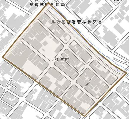 弥生町とその周辺の地図。町の範囲を重ねている