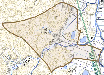 横枕とその周辺の地図。町の範囲を重ねている
