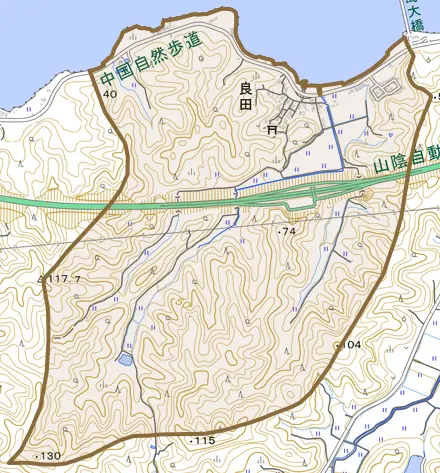 良田とその周辺の地図。町の範囲を重ねている