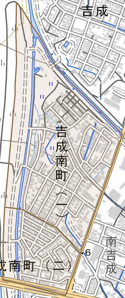 吉成南町とその周辺の地図。町の範囲を重ねている