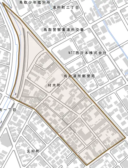 材木町とその周辺の地図。町の範囲を重ねている