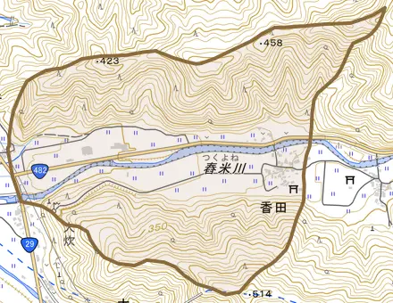 大字香田とその周辺の地図。町の範囲を重ねている