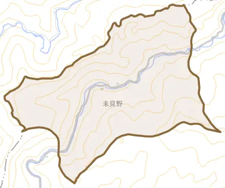 大字来見野とその周辺の地図。町の範囲を重ねている