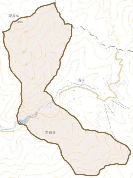 大字茗荷谷とその周辺の地図。町の範囲を重ねている