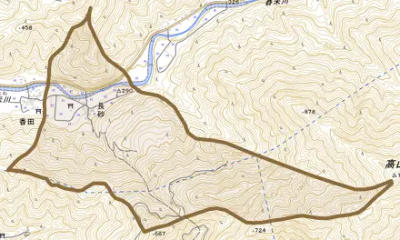 大字長砂とその周辺の地図。町の範囲を重ねている