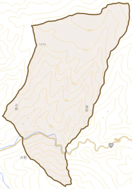 大字小船とその周辺の地図。町の範囲を重ねている