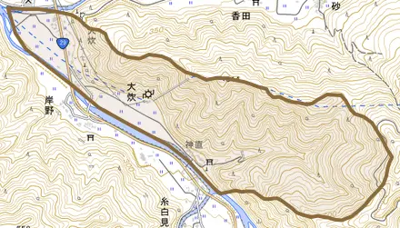 大字大炊とその周辺の地図。町の範囲を重ねている