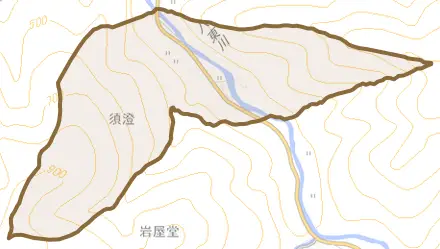 大字須澄とその周辺の地図。町の範囲を重ねている