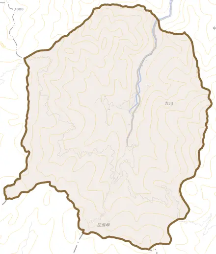 大字吉川とその周辺の地図。町の範囲を重ねている