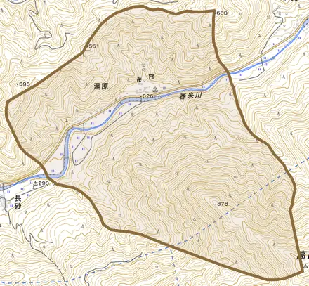 大字湯原とその周辺の地図。町の範囲を重ねている