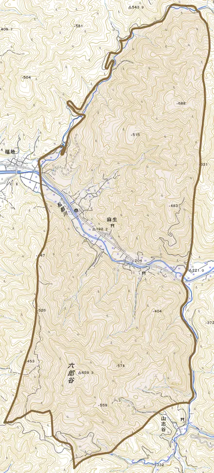 麻生とその周辺の地図。町の範囲を重ねている