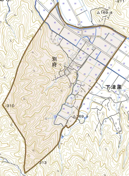 別府とその周辺の地図。町の範囲を重ねている