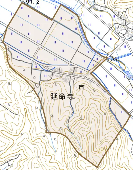 延命寺とその周辺の地図。町の範囲を重ねている